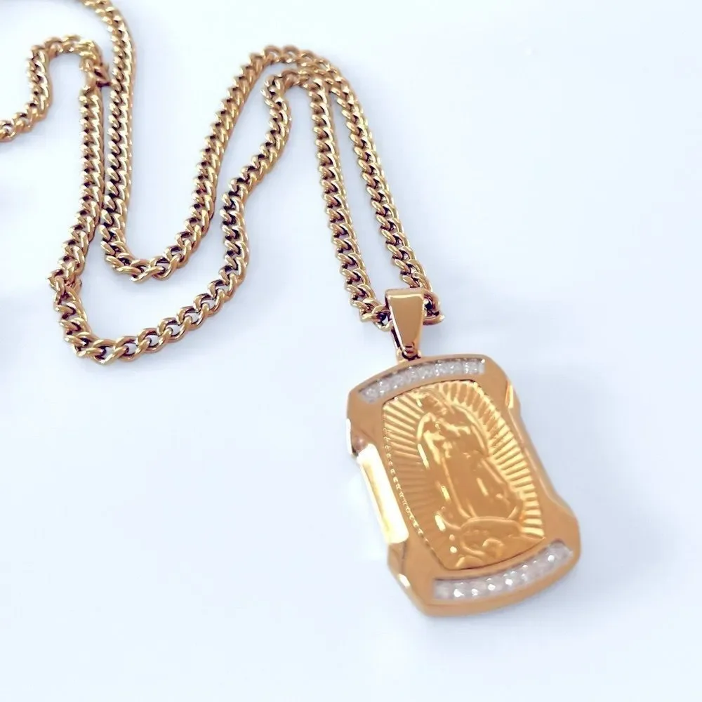 Our Lady Of Guadalupe White Diamond Stainless Steel Dog Tag Pendant Necklace